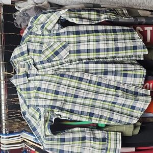 Button down dress shirt size L 10/12. green blue and white plaid